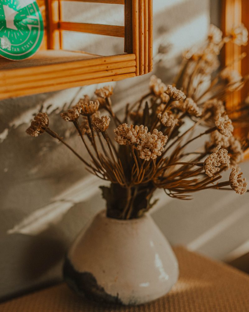 Vase rustique avec fleurs séchées en lumière naturelle
