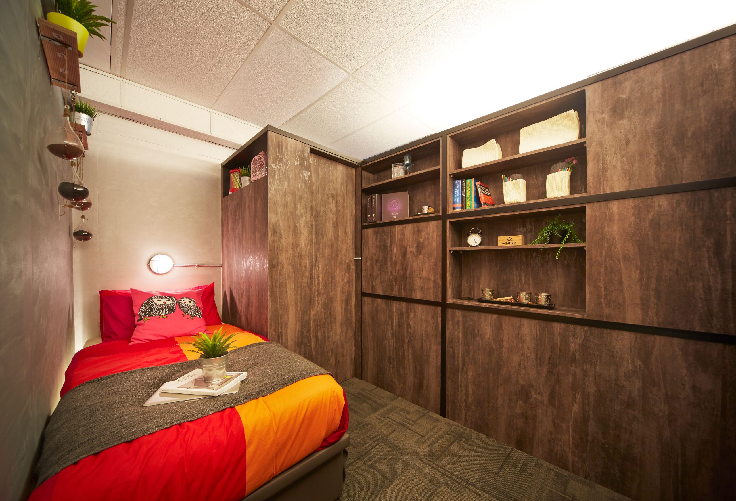 Petite chambre colorée avec mobilier bois optimisé